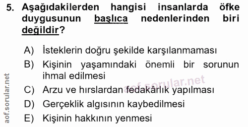 5. soru: Aşağıdakilerden hangisi insanlarda öfke duygusunun başlıca nedenlerinden biri değildir? A) İsteklerin doğru şekilde k…