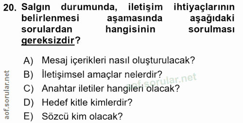 20. soru: Salgın durumunda, iletişim ihtiyaçlarının belirlenmesi aşamasında aşağıdaki sorulardan hangisinin sorulması gereksizd…