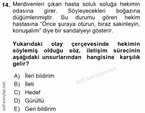 14. soru: Merdivenleri çıkan hasta soluk soluğa hekimin odasına girer. Söyleyecekleri boğazına düğümlenmiştir. Bu durumu gören…