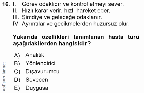 16. soru: I. Görev odaklıdır ve kontrol etmeyi sever. II. Hızlı karar verir, hızlı hareket eder. III. Şimdiye ve geleceğe odakl…