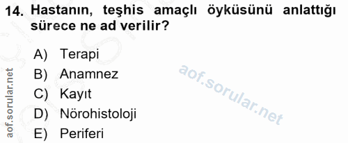 14. soru: Hastanın, teşhis amaçlı öyküsünü anlattığı sürece ne ad verilir? A) Terapi B) Anamnez C) Kayıt D) Nörohistoloji E) Pe…