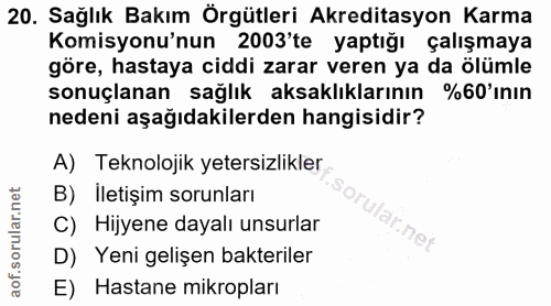 20. soru: Sağlık Bakım Örgütleri Akreditasyon Karma Komisyonu'nun 2003'te yaptığı çalışmaya göre, hastaya ciddi zarar veren ya…