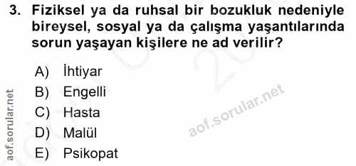 3. soru: Fiziksel ya da ruhsal bir bozukluk nedeniyle bireysel, sosyal ya da çalışma yaşantılarında sorun yaşayan kişilere ne…