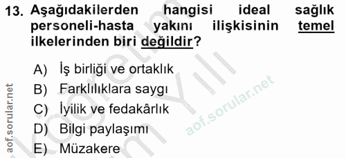 13. soru: Aşağıdakilerden hangisi ideal sağlık personeli-hasta yakını ilişkisinin temel ilkelerinden biri değildir? A) İş birli…