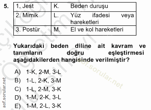 5. soru: 1. Jest K Beden duruşu 2. Mimik L. Yüz ifadesi veya hareketleri 3. Postür M. El ve kol hareketleri Yukarıdaki beden d…