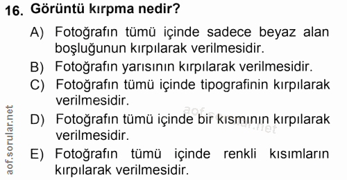 16. soru: Görüntü kırpma nedir? A) Fotoğrafın tümü içinde sadece beyaz alan boşluğunun kırpılarak verilmesidir. B) Fotoğrafin y…