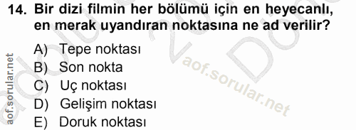14. soru: Bir dizi filmin her bölümü için en heyecanlı, en merak uyandıran noktasına ne ad verilir? A) Tepe noktası B) Son nokt…