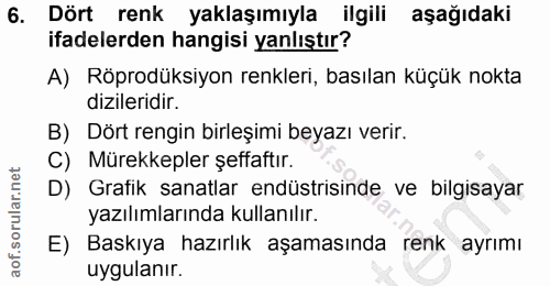 6. soru: Dört renk yaklaşımıyla ilgili aşağıdaki ifadelerden hangisi yanlıştır? A) Röprodüksiyon renkleri, basılan küçük nokta…