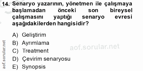 14. soru: Senaryo yazarının, yönetmen ile çalışmaya başlamadan önceki son bireysel çalışmasını yaptığı senaryo evresi aşağıdaki…
