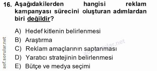 16. soru: Aşağıdakilerden hangisi reklam kampanyası sürecini oluşturan adımlardan biri değildir? A) Hedef kitlenin belirlenmesi…