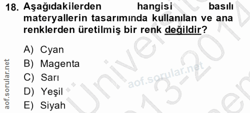 18. soru: Aşağıdakilerden hangisi basılı materyallerin tasarımında kullanılan ve ana renklerden üretilmiş bir renk değildir? A)…