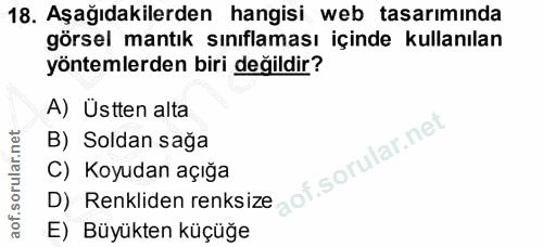 18. soru: Aşağıdakilerden hangisi web tasarıminda görsel mantık sınıflaması içinde kullanılan yöntemlerden biri değildir? A) Üs…