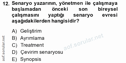 12. soru: Senaryo yazarının, yönetmen ile çalışmaya başlamadan önceki son bireysel çalışmasını yaptığı senaryo evresi aşağıdaki…