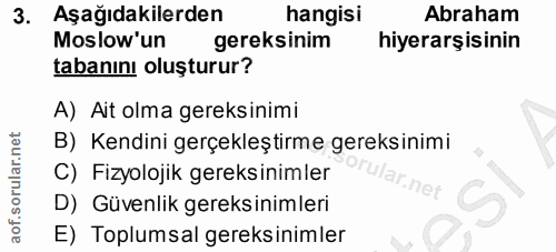 3. soru: Aşağıdakilerden hangisi Abraham Moslow'un gereksinim hiyerarşisinin tabanını oluşturur? A) Ait olma gereksinimi B) Ke…