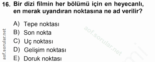 16. soru: Bir dizi filmin her bölümü için en heyecanlı, en merak uyandıran noktasına ne ad verilir? A) Tepe noktası B) Son nokt…