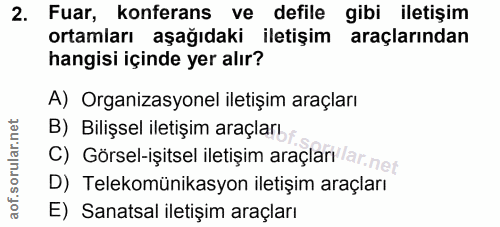 2. soru: Fuar, konferans ve defile gibi iletişim ortamları aşağıdaki iletişim araçlarından hangisi içinde yer alır? A) Organiz…