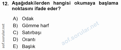 12. soru: Aşağıdakilerden hangisi okumaya başlama noktasını ifade eder? A) Odak B) Gömme harf C) Satırbaşı D) Orantı E) Başlık