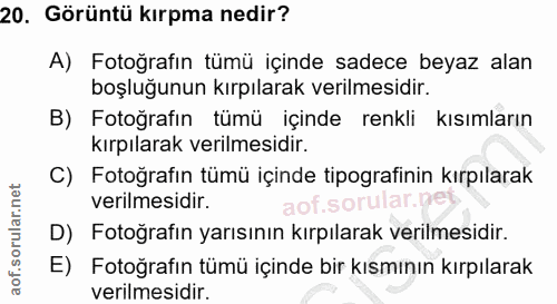 20. soru: Görüntü kırpma nedir? A) Fotoğrafın tümü içinde sadece beyaz alan boşluğunun kırpılarak verilmesidir. B) Fotoğrafın t…