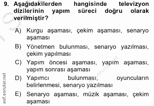 9. soru: Aşağıdakilerden hangisinde televizyon dizilerinin yapım süreci doğru olarak verilmiştir? A) Kurgu aşaması, çekim aşam…
