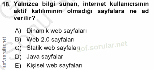 18. soru: Yalnızca bilgi sunan, internet kullanıcısının aktif katılımının olmadığı sayfalara ne ad verilir? A) Dinamik web sayf…