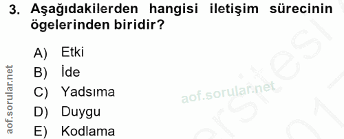 3. soru: Aşağıdakilerden hangisi iletişim sürecinin ögelerinden biridir? A) Etki B) Ide C) Yadsıma D) Duygu E) Kodlama