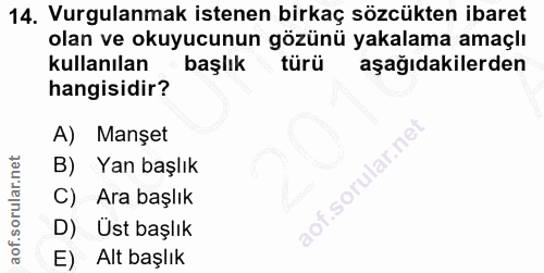 14. soru: Vurgulanmak istenen birkaç sözcükten ibaret olan ve okuyucunun gözünü yakalama amaçlı kullanılan başlık türü aşağıdak…
