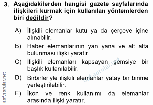 3. soru: Aşağıdakilerden hangisi gazete sayfalarında ilişkileri kurmak için kullanılan yöntemlerden biri değildir? A) Ilişkili…