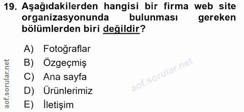 19. soru: Aşağıdakilerden hangisi bir firma web site organizasyonunda bulunması gereken bölümlerden biri değildir? A) Fotoğrafl…