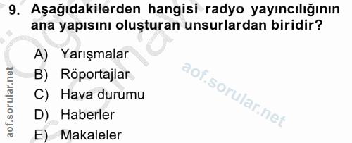 9. soru: Aşağıdakilerden hangisi radyo yayıncılığının ana yapısını oluşturan unsurlardan biridir? A) Yarışmalar B) Röportajlar…