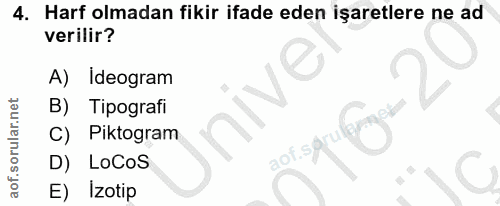 4. soru: Harf olmadan fikir ifade eden işaretlere ne ad verilir? A) Ideogram Tipografi C) Piktogram D) LoCoS aof.sg E) izotip