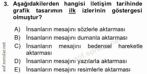 3. soru: Aşağıdakilerden hangisi iletişim tarihinde grafik tasarımın ilk izlerinin göstergesi olmuştur? A) Insanların mesajını…