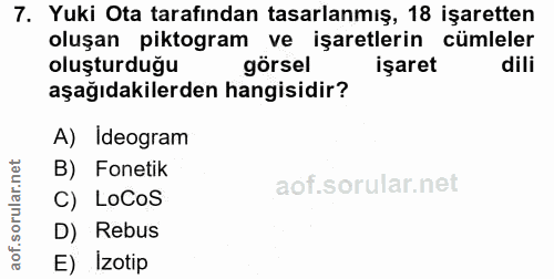 7. soru: Yuki Ota tarafından tasarlanmış, 18 işaretten oluşan piktogram ve işaretlerin cumleler oluşturduğu görsel işaret dili…