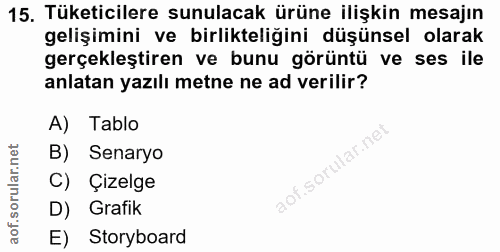 15. soru: Tüketicilere sunulacak ürüne ilişkin mesajın gelişimini ve birlikteliğini düşünsel olarak gerçekleştiren ve bunu görü…