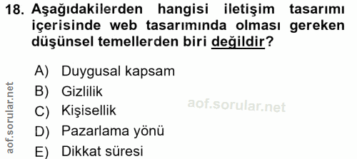 18. soru: Aşağıdakilerden hangisi iletişim tasarımı içerisinde web tasarımında olması gereken düşünsel temellerden biri değildi…