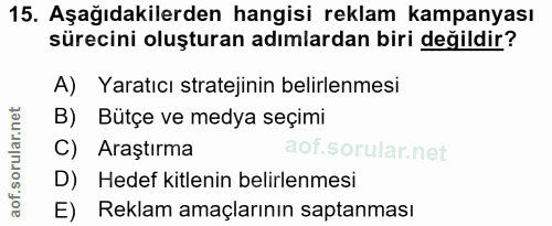15. soru: Aşağıdakilerden hangisi reklam kampanyası sürecini oluşturan adımlardan biri değildir? A) Yaratıcı stratejinin belirl…
