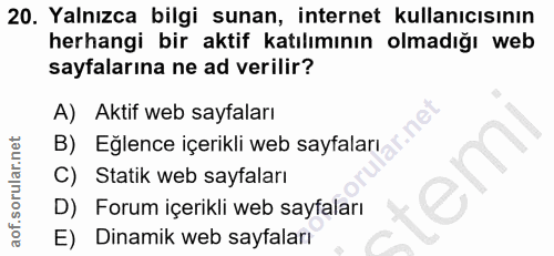 20. soru: Yalnızca bilgi sunan, internet kullanıcısının herhangi bir aktif katılımının olmadığı web sayfalarına ne ad verilir?…