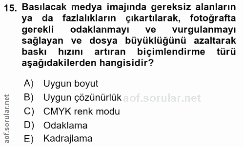 15. soru: Basılacak medya imajında gereksiz alanların ya da fazlalıkların çıkartılarak, fotoğrafta gerekli odaklanmayı ve vurgu…