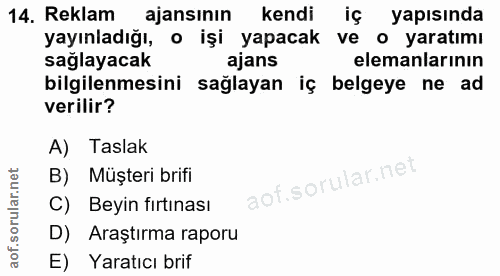 14. soru: Reklam ajansının kendi iç yapısında yayınladığı, o işi yapacak ve o yaratımı sağlayacak ajans elemanlarının bilgilenm…