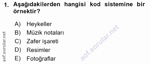 1. soru: Aşağıdakilerden hangisi kod sistemine bir örnektir? A) Heykeller B) Müzik notaları C) Zafer işareti D) Resimler E) Fo…