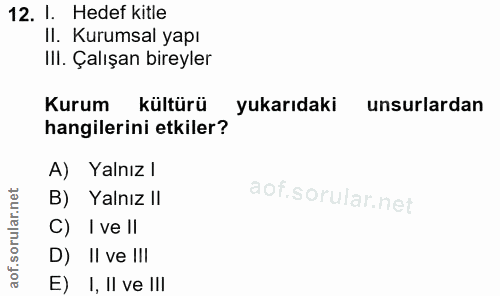 12. soru: I. Hedef kitle II. Kurumsal yapı III. Çalışan bireyler Kurum kültürü yukarıdaki unsurlardan hangilerini etkiler? A) Y…