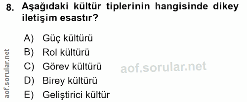 8. soru: Aşağıdaki kültür tiplerinin hangisinde dikey iletişim esastır? A) Güç kültürü orular.net B) Rol kültürü C) Görev kült…