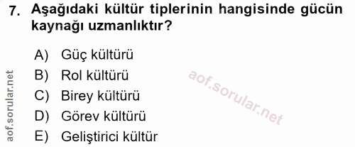 7. soru: Aşağıdaki kültür tiplerinin hangisinde gücün kaynağı uzmanlıktır? A) Güç kültürü B) Rol kültürü C) Birey kültürü D) G…