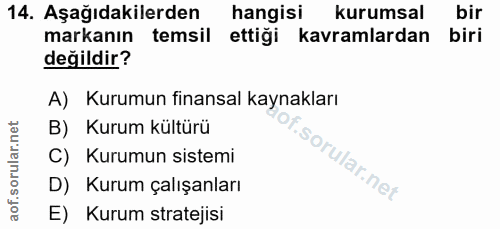 14. soru: Aşağıdakilerden hangisi kurumsal bir markanın temsil ettiği kavramlardan biri değildir? A) Kurumun finansal kaynaklar…
