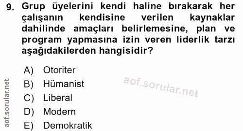 9. soru: Grup üyelerini kendi haline bırakarak her çalışanın kendisine verilen kaynaklar dahilinde amaçları belirlemesine, pla…