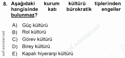 8. soru: Aşağıdaki kurum kültürü tiplerinden hangisinde Katı bürokratik engeller bulunmaz? A) Güç kültürü B) Rol külturu .soru…
