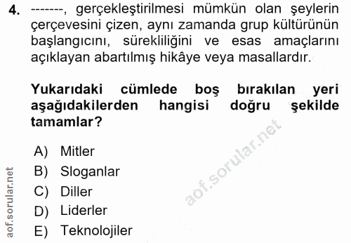 4. soru: -- gerçekleştirilmesi mümkün olan şeylerin çerçevesini çizen, aynı zamanda grup kültürünün başlangıcını, sürekliligin…