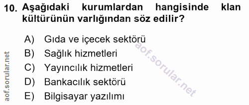 10. soru: Aşağıdaki kurumlardan hangisinde klan kültürünün varlığından söz edilir? A) Gıda ve içecek sektörü B) Sağlık hizmetle…