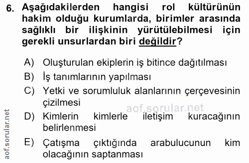 6. soru: Aşağıdakilerden hangisi rol kültürünün hakim olduğu kurumlarda, birimler arasında sağlıklı bir ilişkinin yürütülebilm…