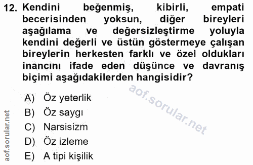 12. soru: Kendini beğenmiş, kibirli, empati becerisinden yoksun, diğer bireyleri aşağılama ve değersizleştirme yoluyla kendini…