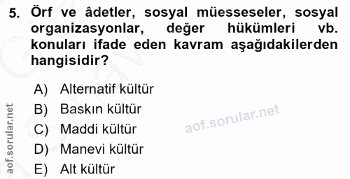 5. soru: Örf ve âdetler, sosyal müesseseler, sosyal organizasyonlar, değer hükümleri vb. konuları ifade eden kavram aşağıdakil…